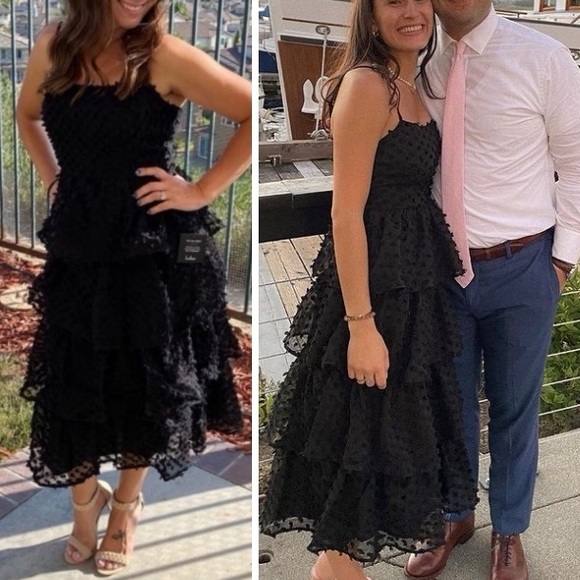 ❤️ Lulus Flirting with You Black Tiered Pom Pom Midi Dress - Picture 15 of 17